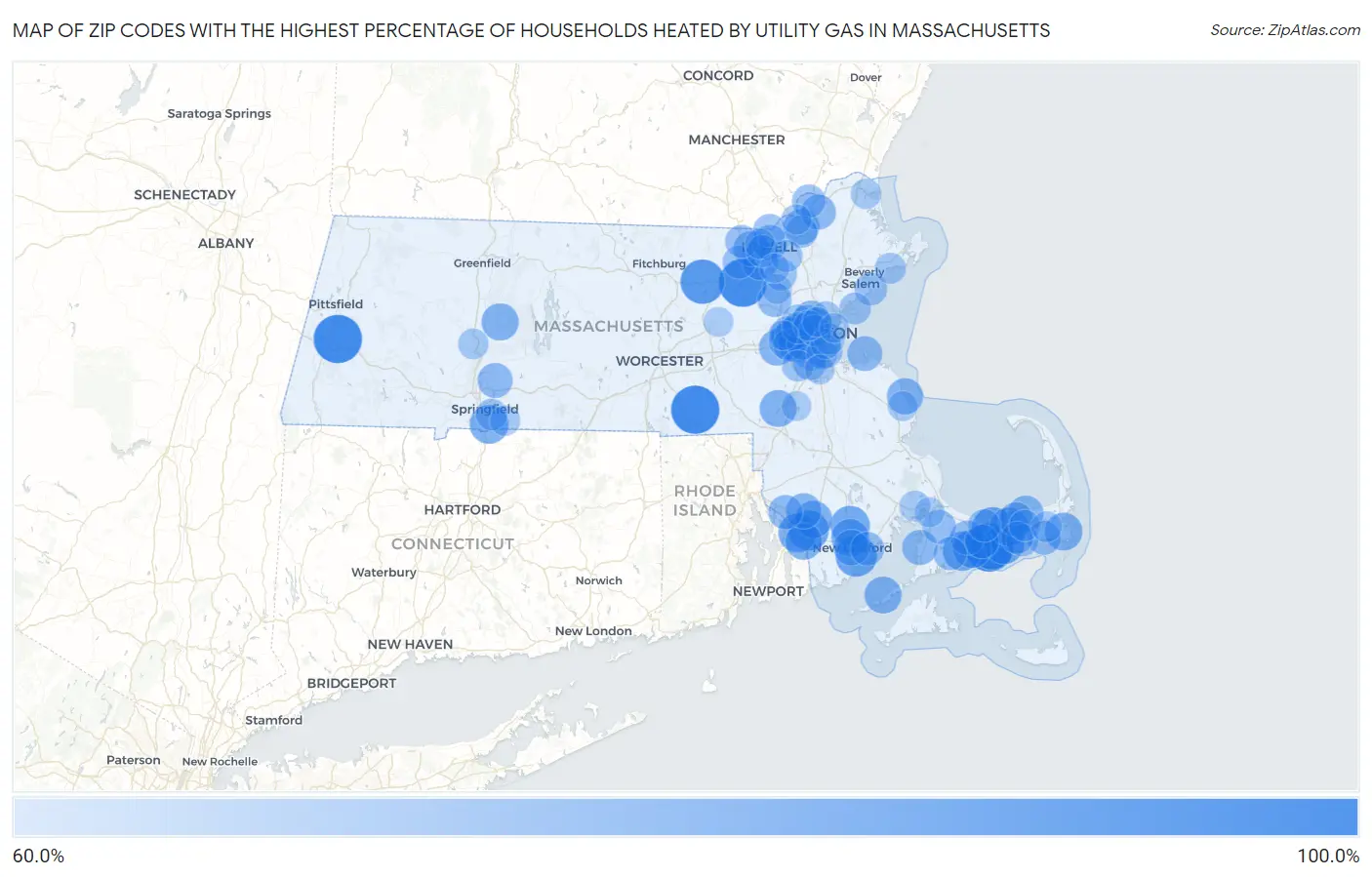 Zip Codes with the Highest Percentage of Households Heated by Utility Gas in Massachusetts Map
