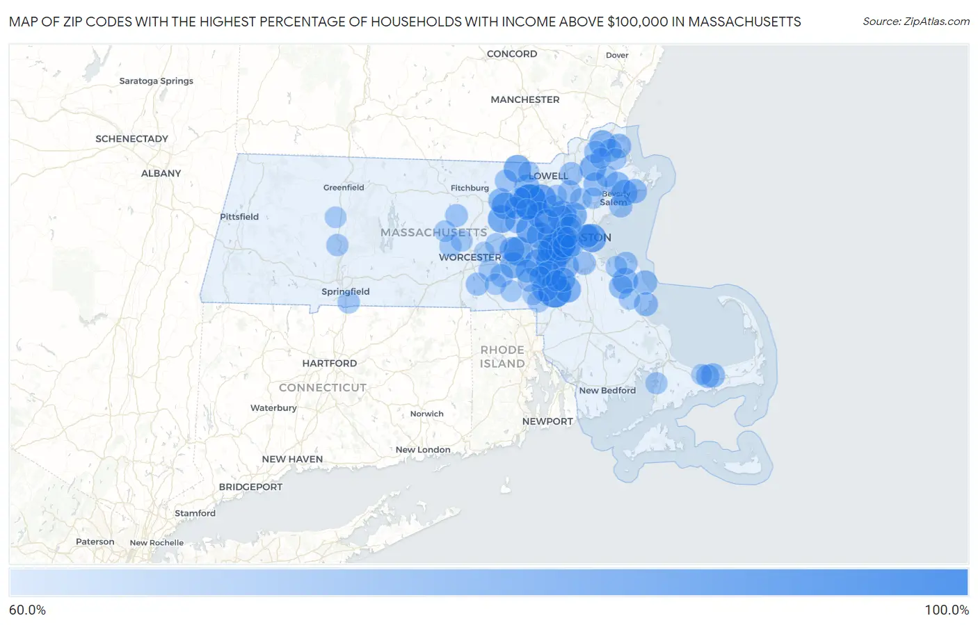 Zip Codes with the Highest Percentage of Households with Income Above $100,000 in Massachusetts Map