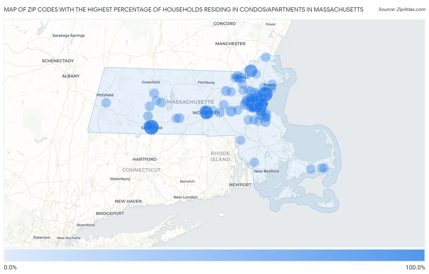 Zip Codes with the Highest Percentage of Households Residing in Condos/Apartments in Massachusetts Map