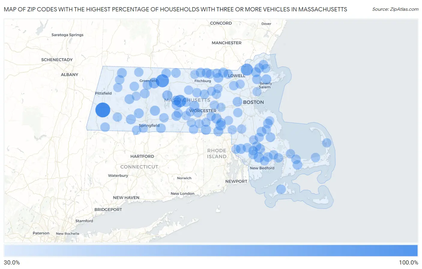 Zip Codes with the Highest Percentage of Households With Three or more Vehicles in Massachusetts Map