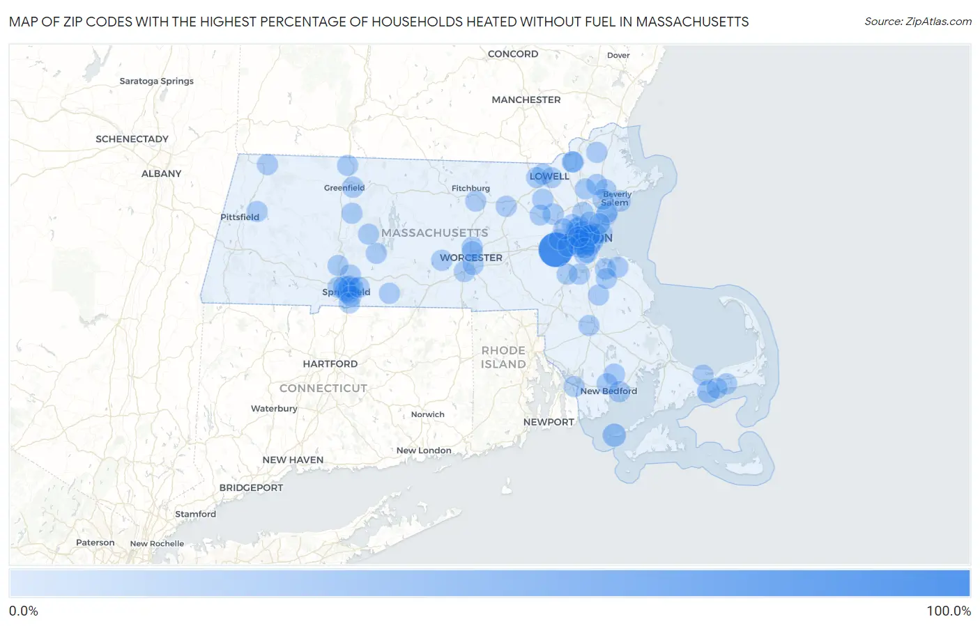 Zip Codes with the Highest Percentage of Households Heated without Fuel in Massachusetts Map