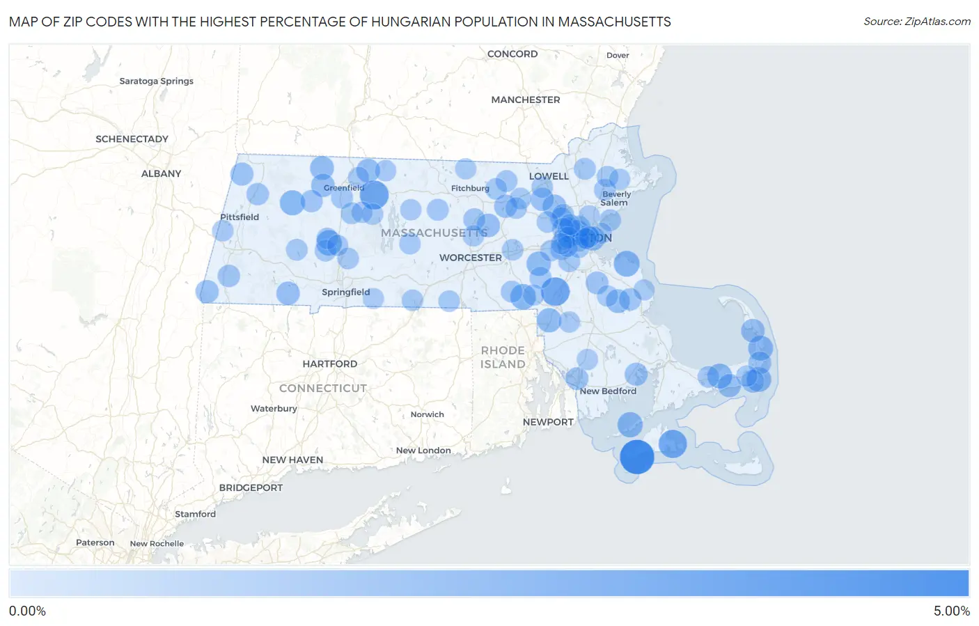 Zip Codes with the Highest Percentage of Hungarian Population in Massachusetts Map