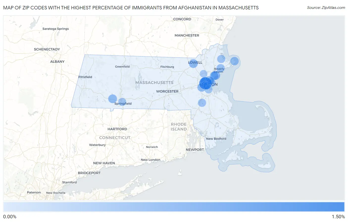Zip Codes with the Highest Percentage of Immigrants from Afghanistan in Massachusetts Map