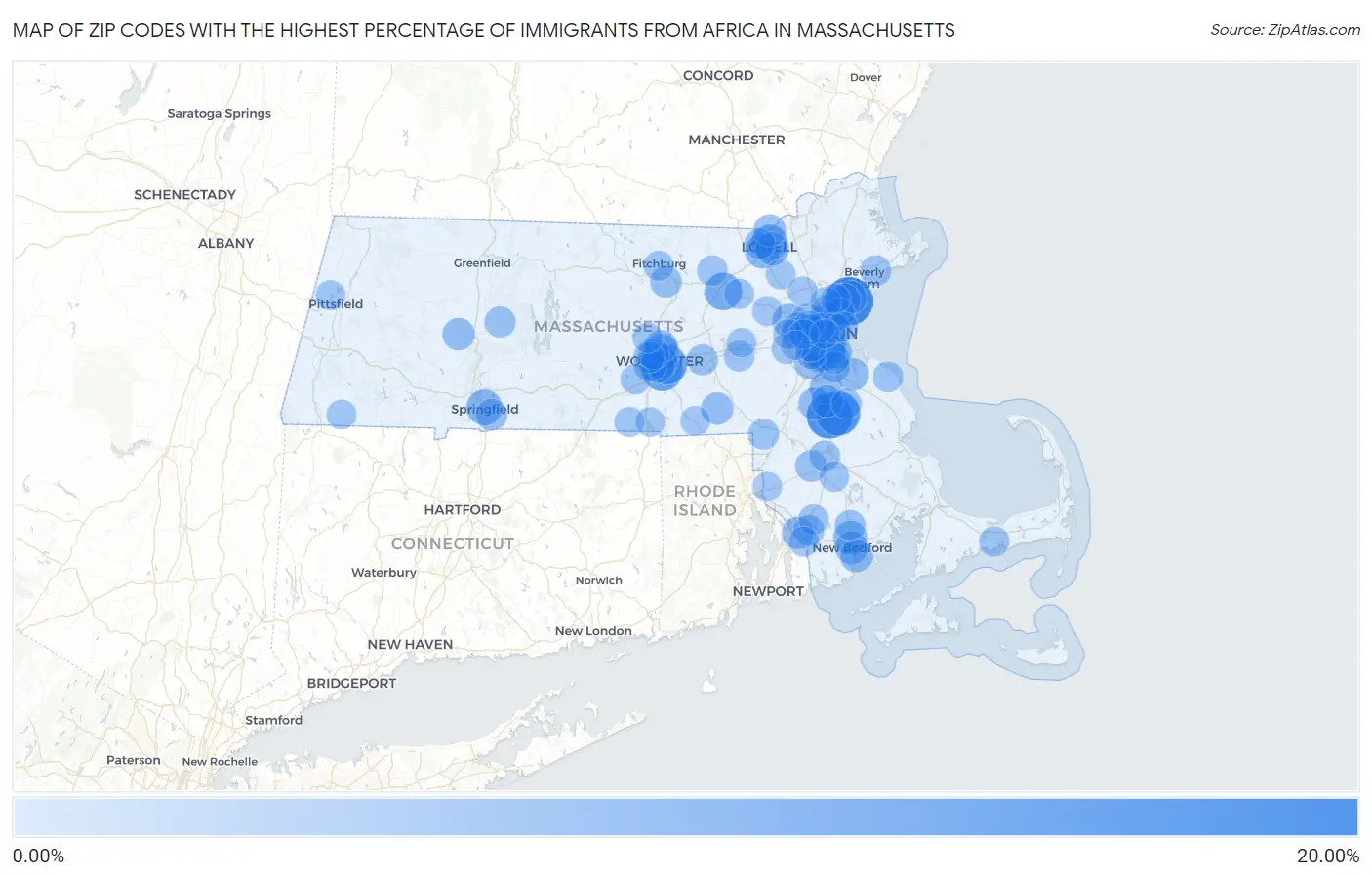 Zip Codes with the Highest Percentage of Immigrants from Africa in Massachusetts Map