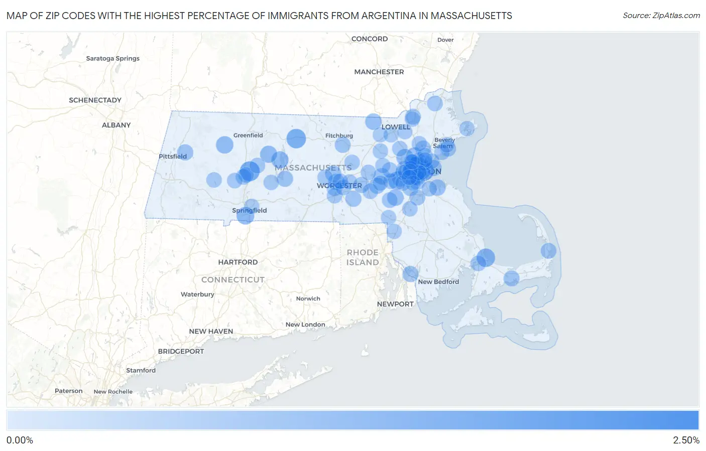 Zip Codes with the Highest Percentage of Immigrants from Argentina in Massachusetts Map