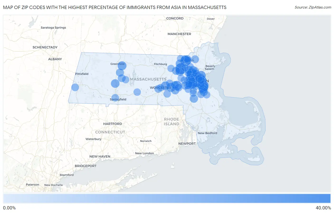 Zip Codes with the Highest Percentage of Immigrants from Asia in Massachusetts Map