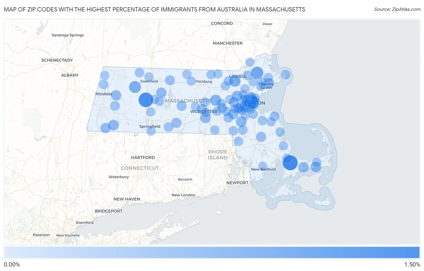 Zip Codes with the Highest Percentage of Immigrants from Australia in Massachusetts Map