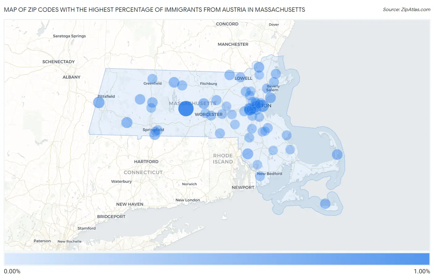 Zip Codes with the Highest Percentage of Immigrants from Austria in Massachusetts Map