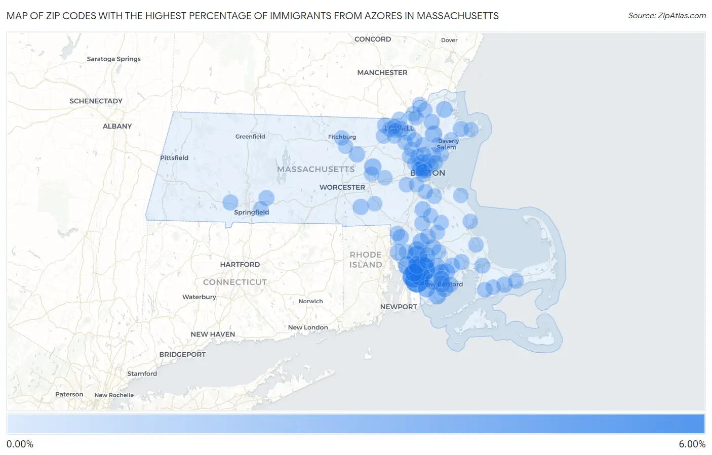 Zip Codes with the Highest Percentage of Immigrants from Azores in Massachusetts Map