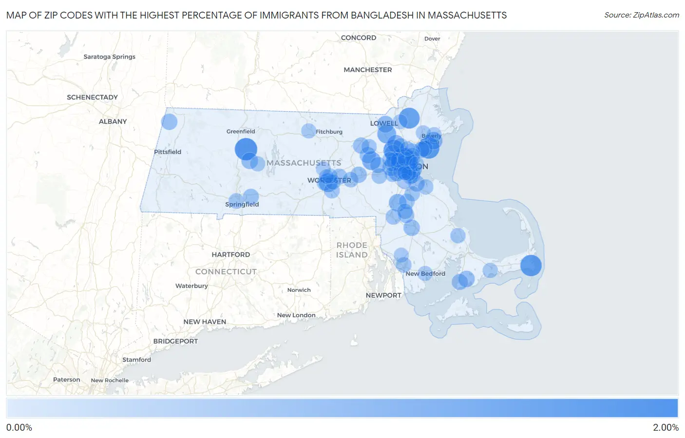Zip Codes with the Highest Percentage of Immigrants from Bangladesh in Massachusetts Map