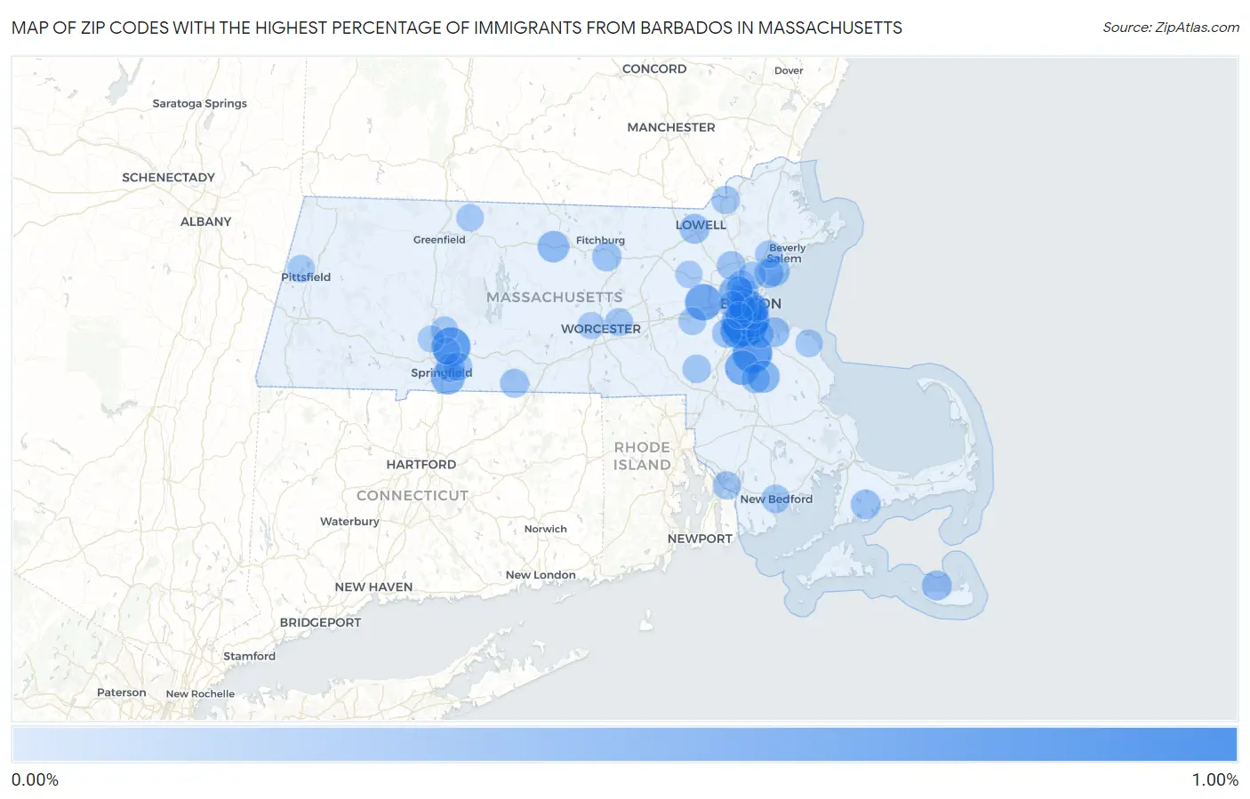 Zip Codes with the Highest Percentage of Immigrants from Barbados in Massachusetts Map