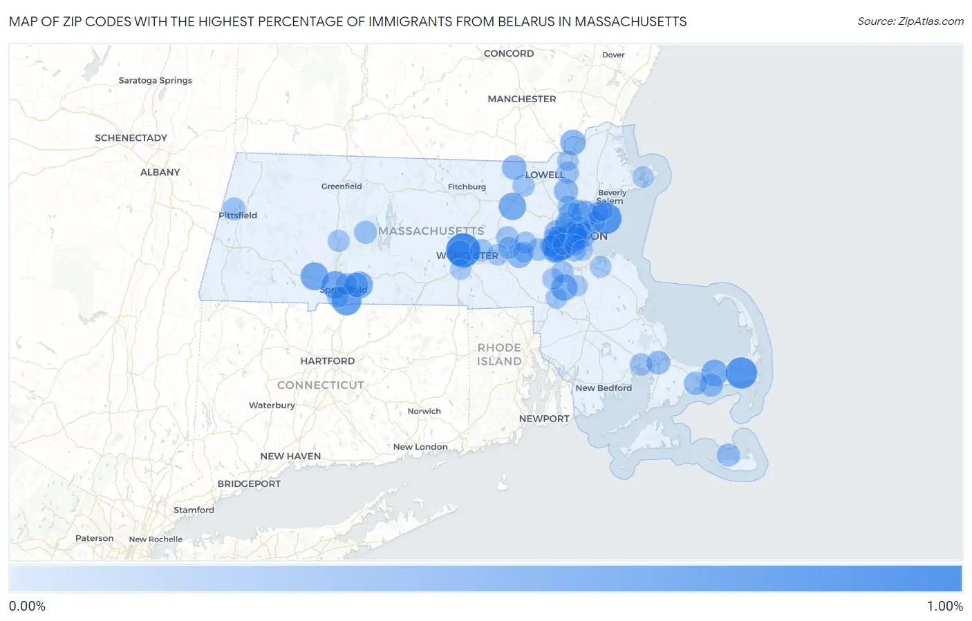 Zip Codes with the Highest Percentage of Immigrants from Belarus in Massachusetts Map