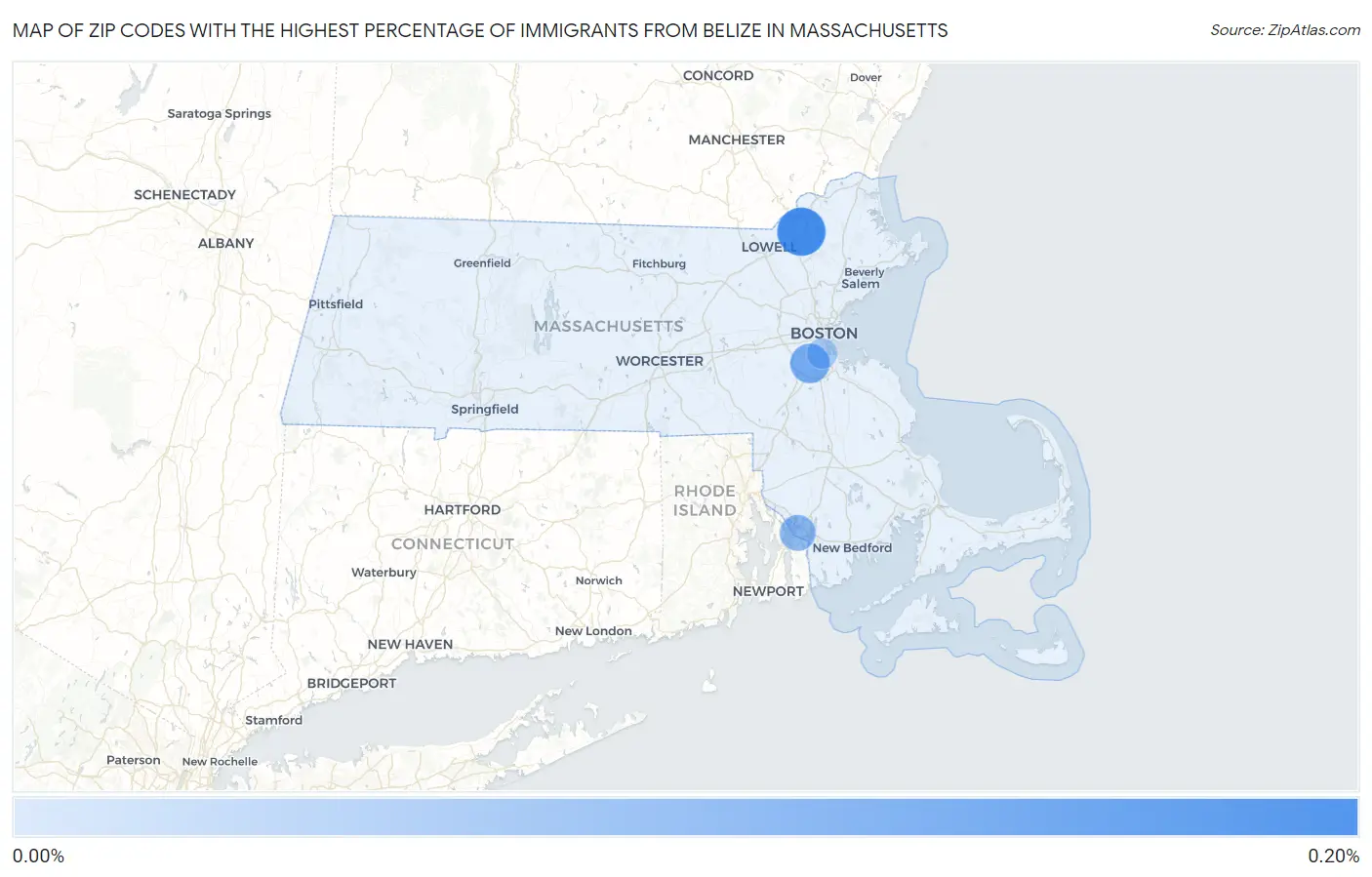 Zip Codes with the Highest Percentage of Immigrants from Belize in Massachusetts Map