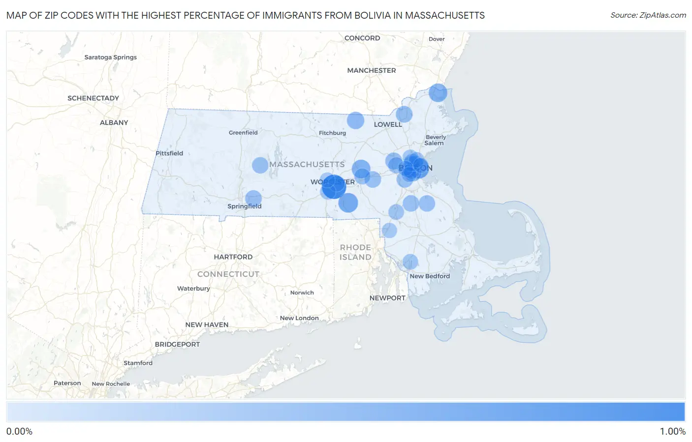 Zip Codes with the Highest Percentage of Immigrants from Bolivia in Massachusetts Map