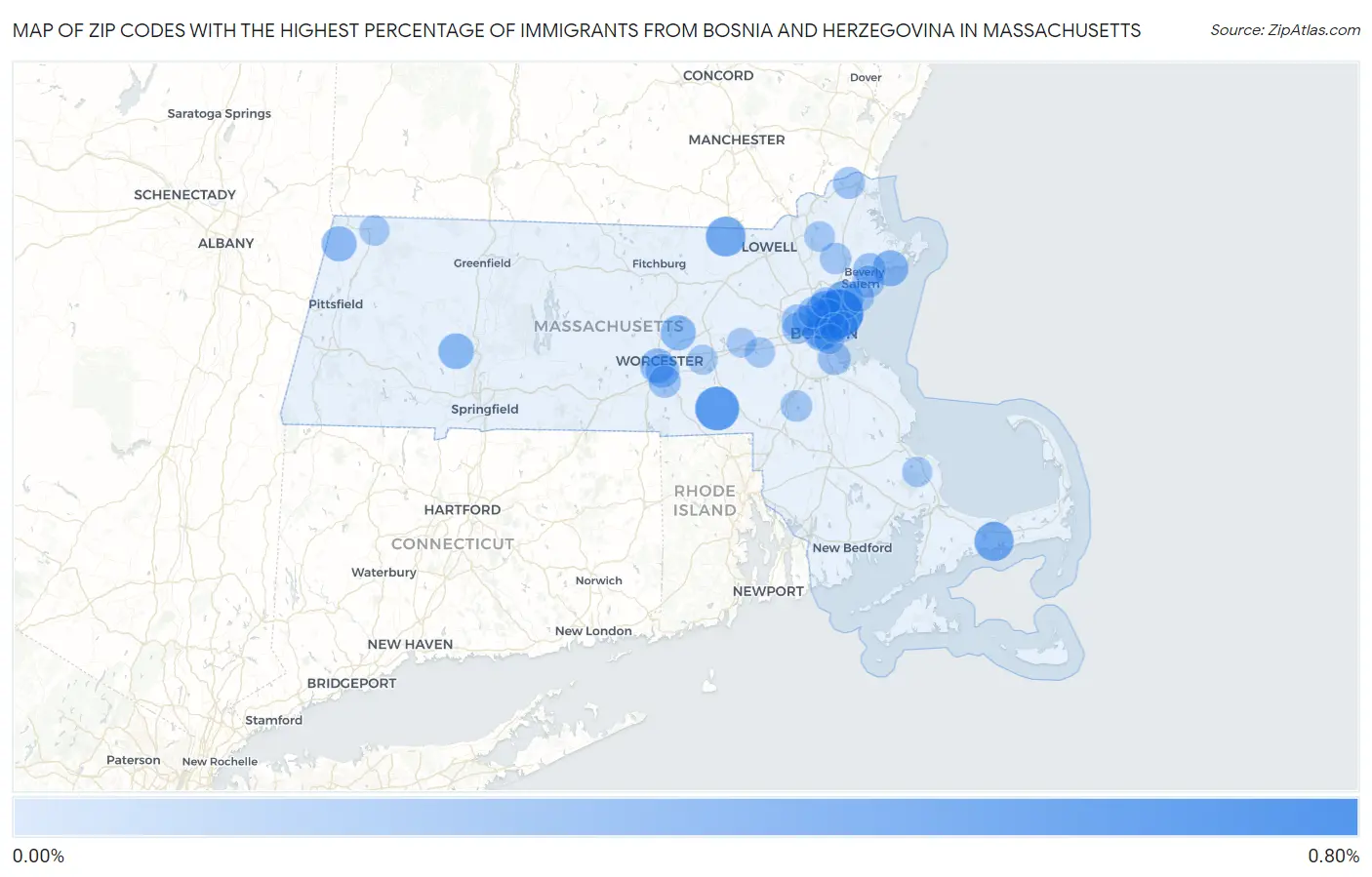 Zip Codes with the Highest Percentage of Immigrants from Bosnia and Herzegovina in Massachusetts Map