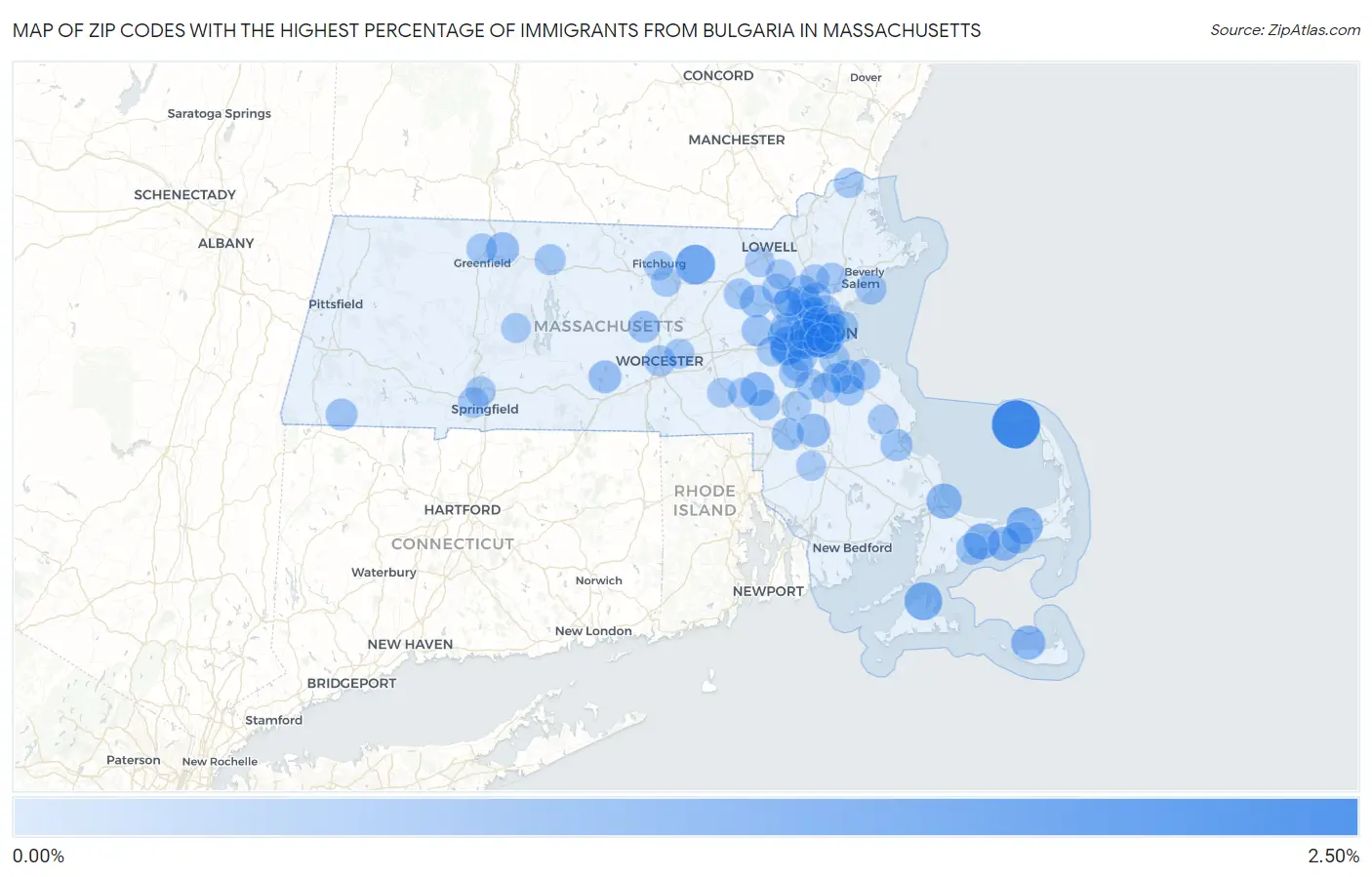 Zip Codes with the Highest Percentage of Immigrants from Bulgaria in Massachusetts Map