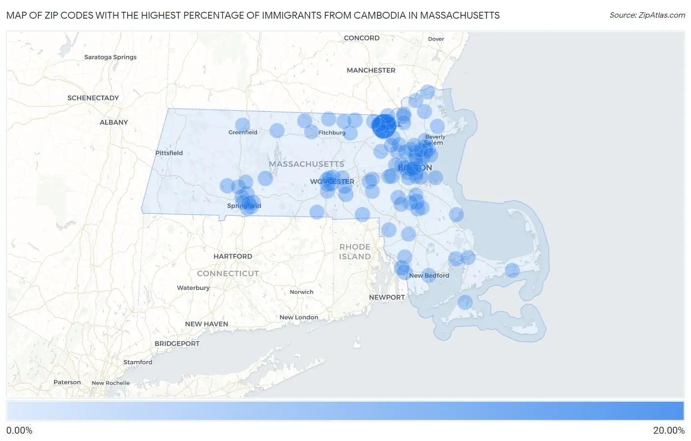 Zip Codes with the Highest Percentage of Immigrants from Cambodia in Massachusetts Map