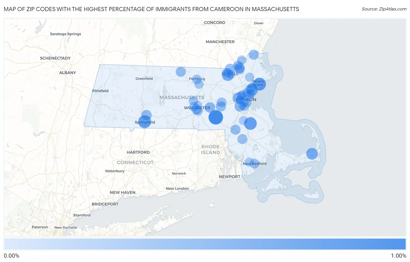 Zip Codes with the Highest Percentage of Immigrants from Cameroon in Massachusetts Map