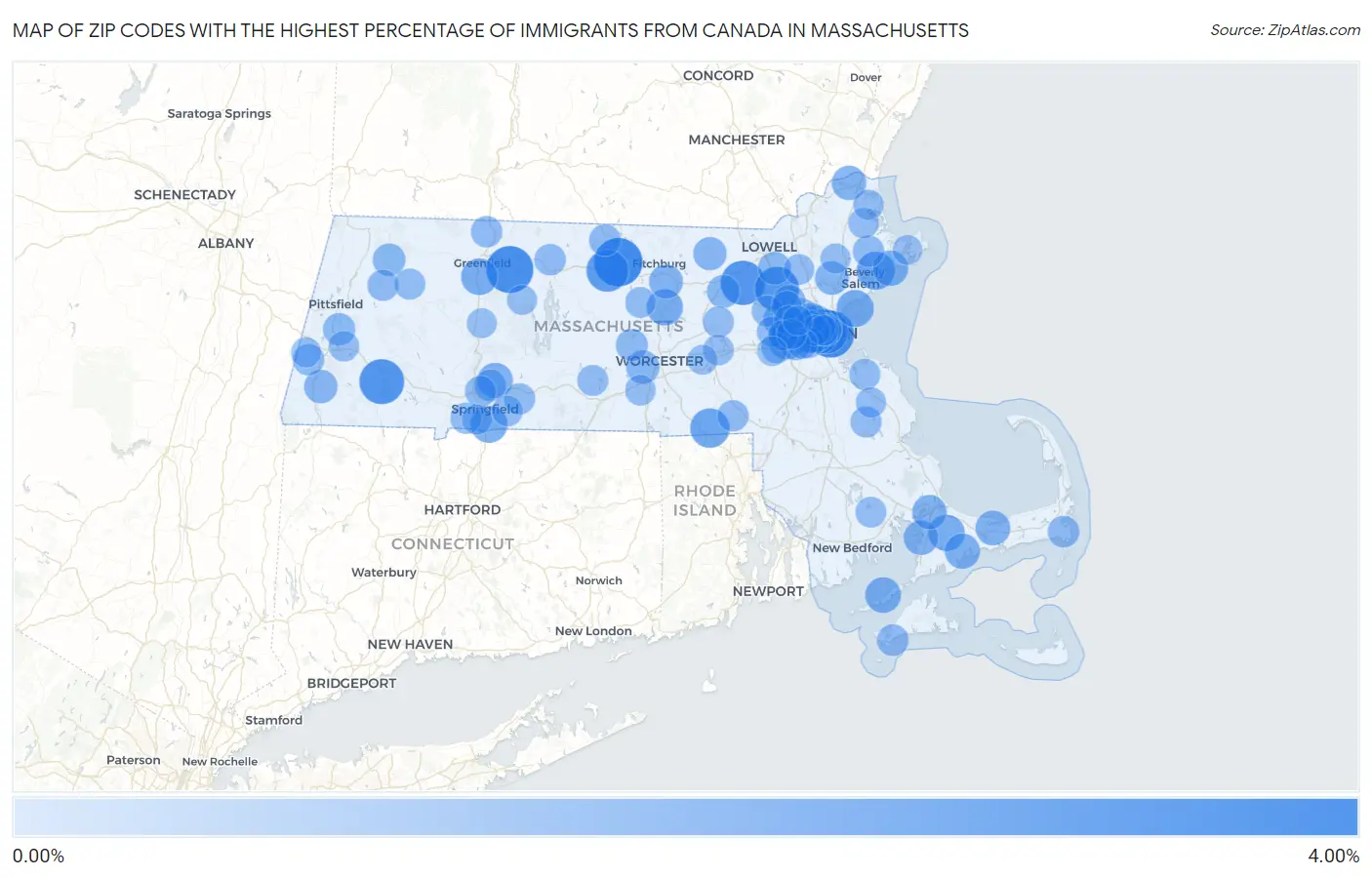 Zip Codes with the Highest Percentage of Immigrants from Canada in Massachusetts Map