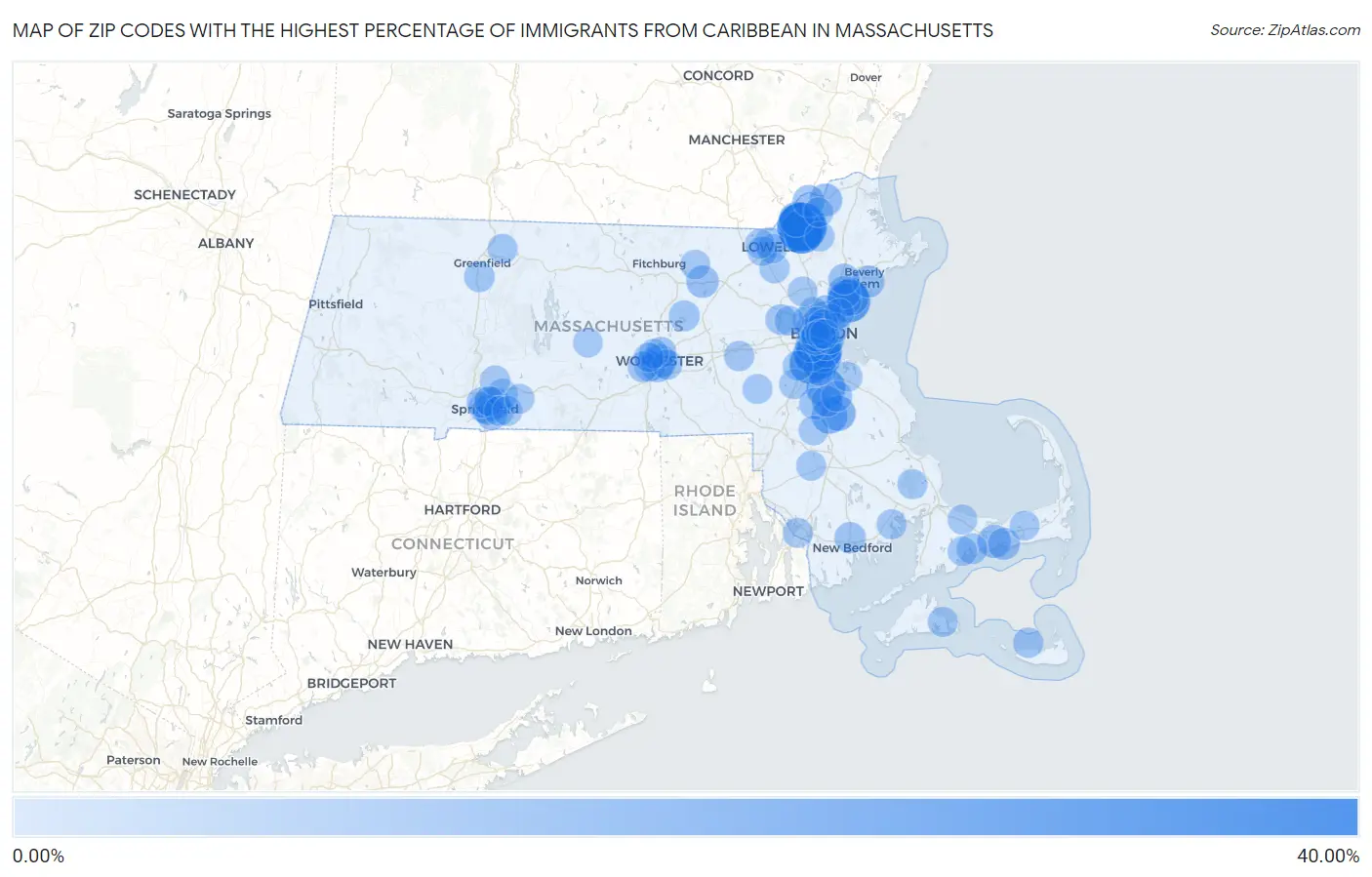 Zip Codes with the Highest Percentage of Immigrants from Caribbean in Massachusetts Map