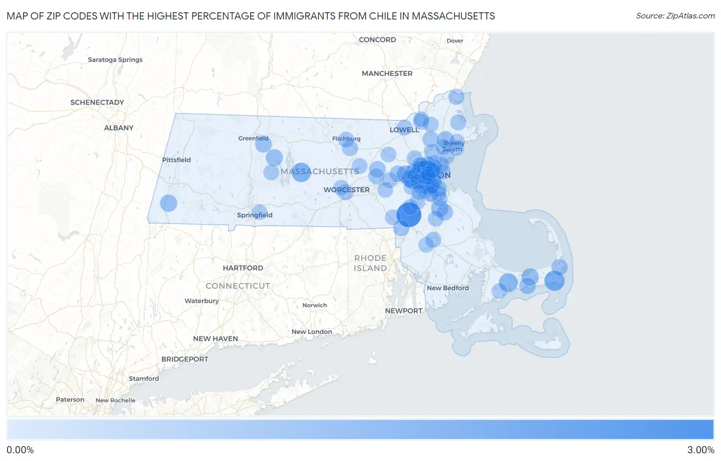 Zip Codes with the Highest Percentage of Immigrants from Chile in Massachusetts Map