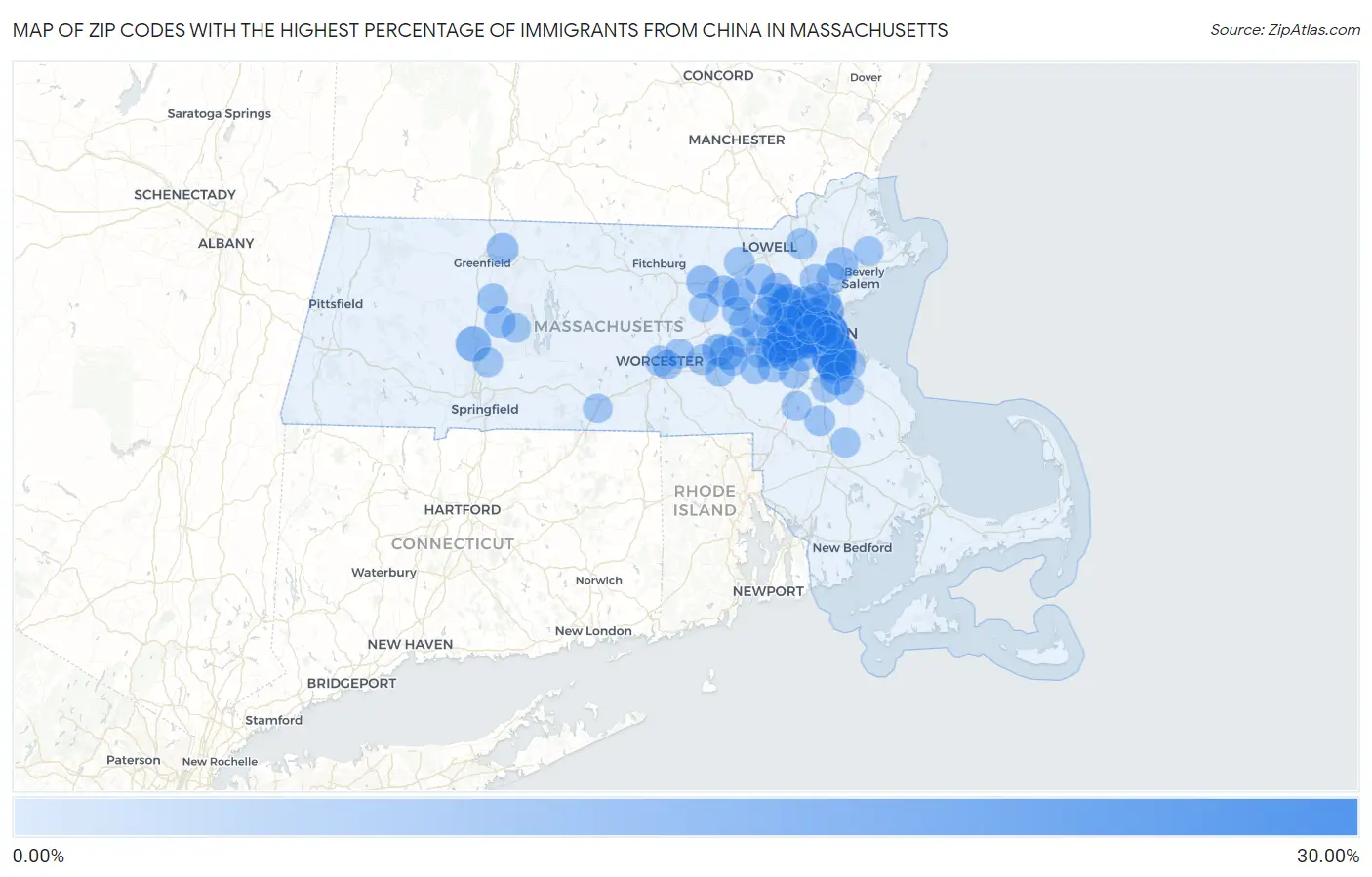 Zip Codes with the Highest Percentage of Immigrants from China in Massachusetts Map