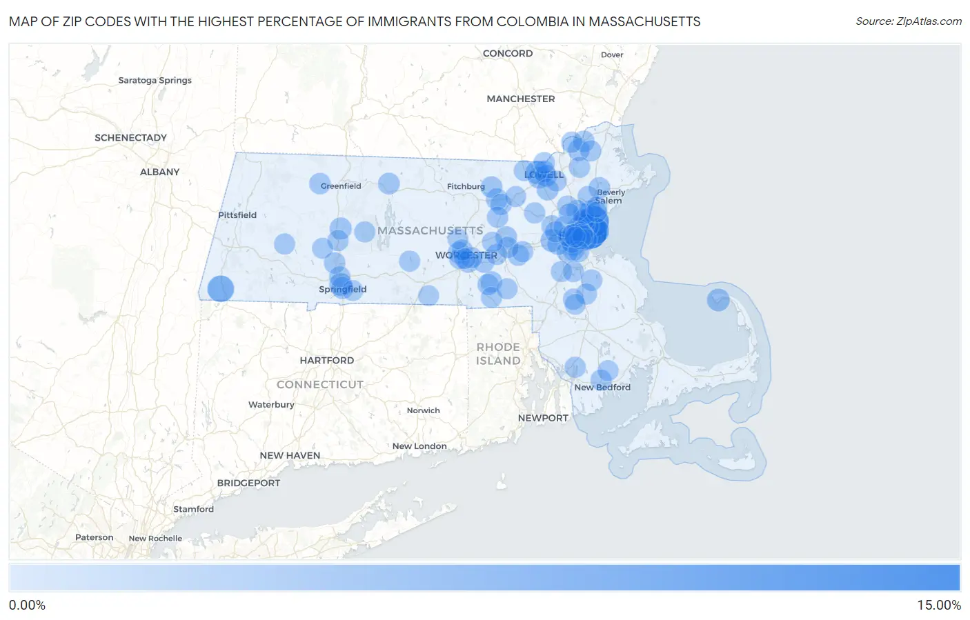Zip Codes with the Highest Percentage of Immigrants from Colombia in Massachusetts Map