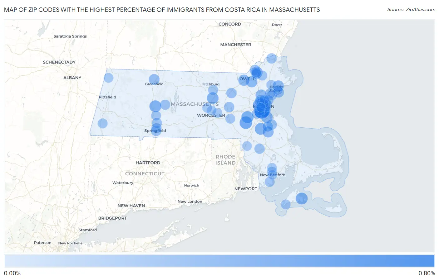 Zip Codes with the Highest Percentage of Immigrants from Costa Rica in Massachusetts Map
