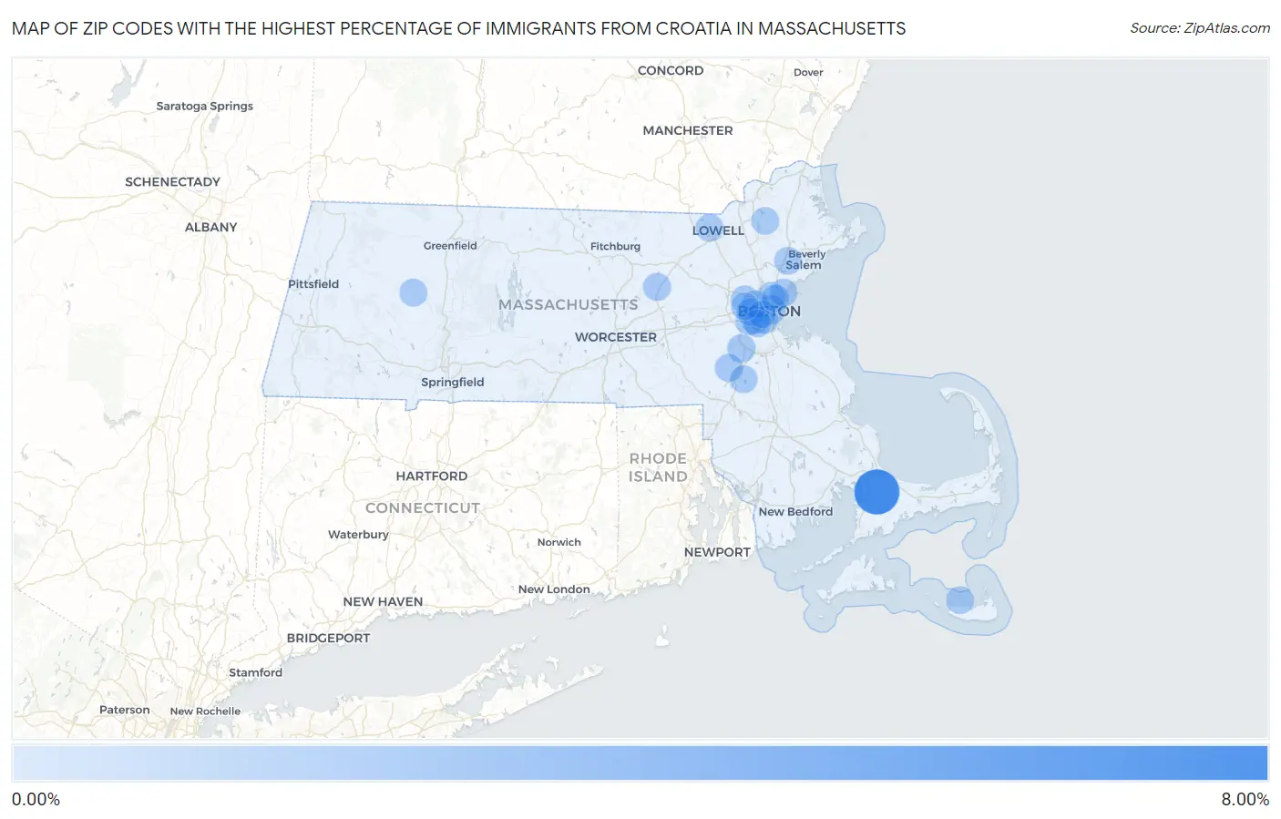 Zip Codes with the Highest Percentage of Immigrants from Croatia in Massachusetts Map