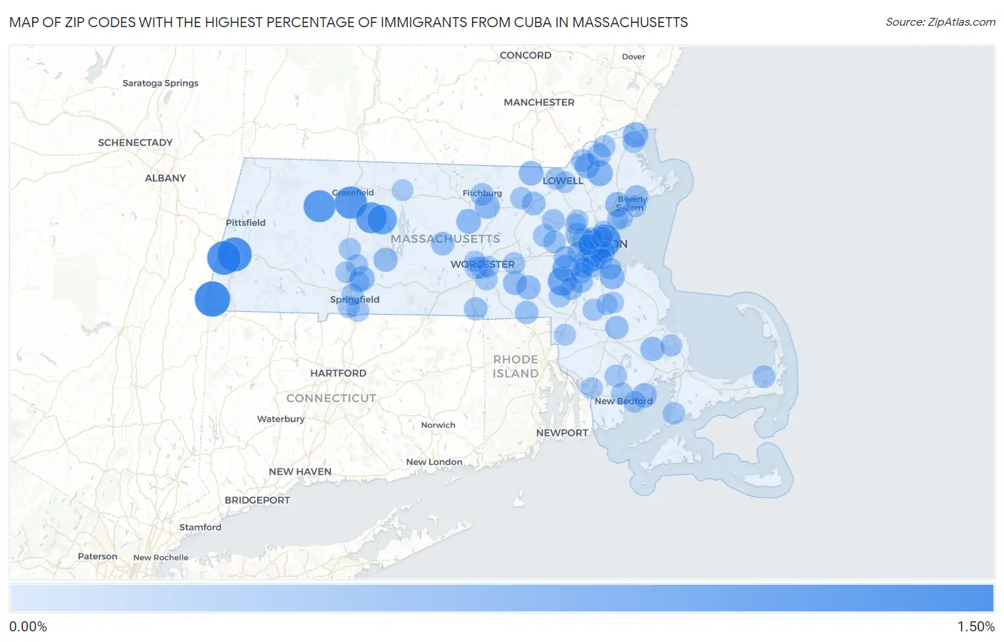 Zip Codes with the Highest Percentage of Immigrants from Cuba in Massachusetts Map