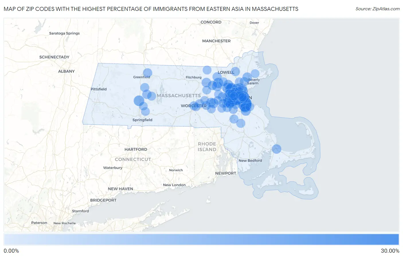 Zip Codes with the Highest Percentage of Immigrants from Eastern Asia in Massachusetts Map