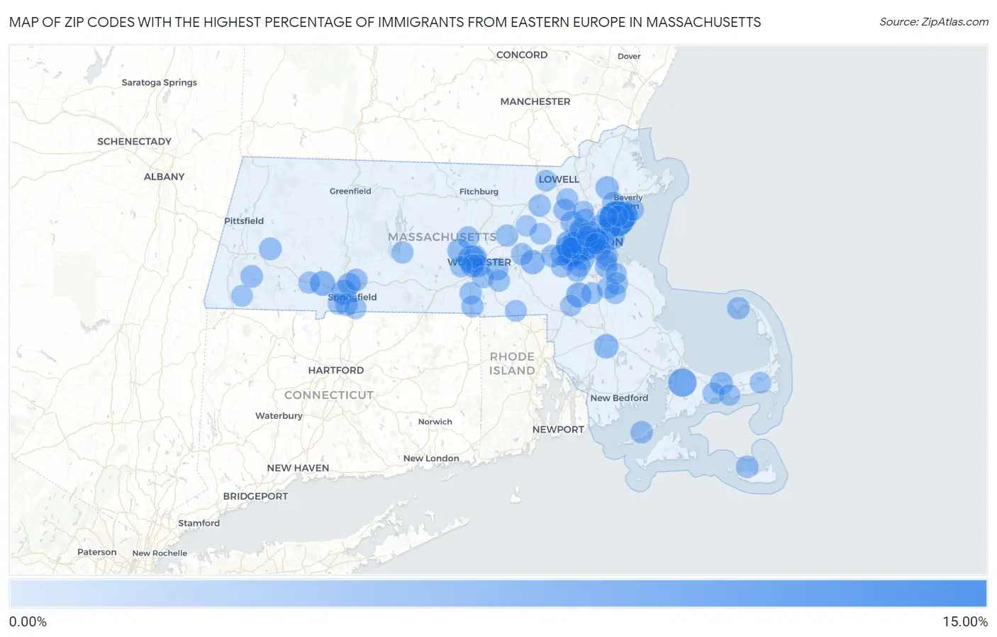 Zip Codes with the Highest Percentage of Immigrants from Eastern Europe in Massachusetts Map