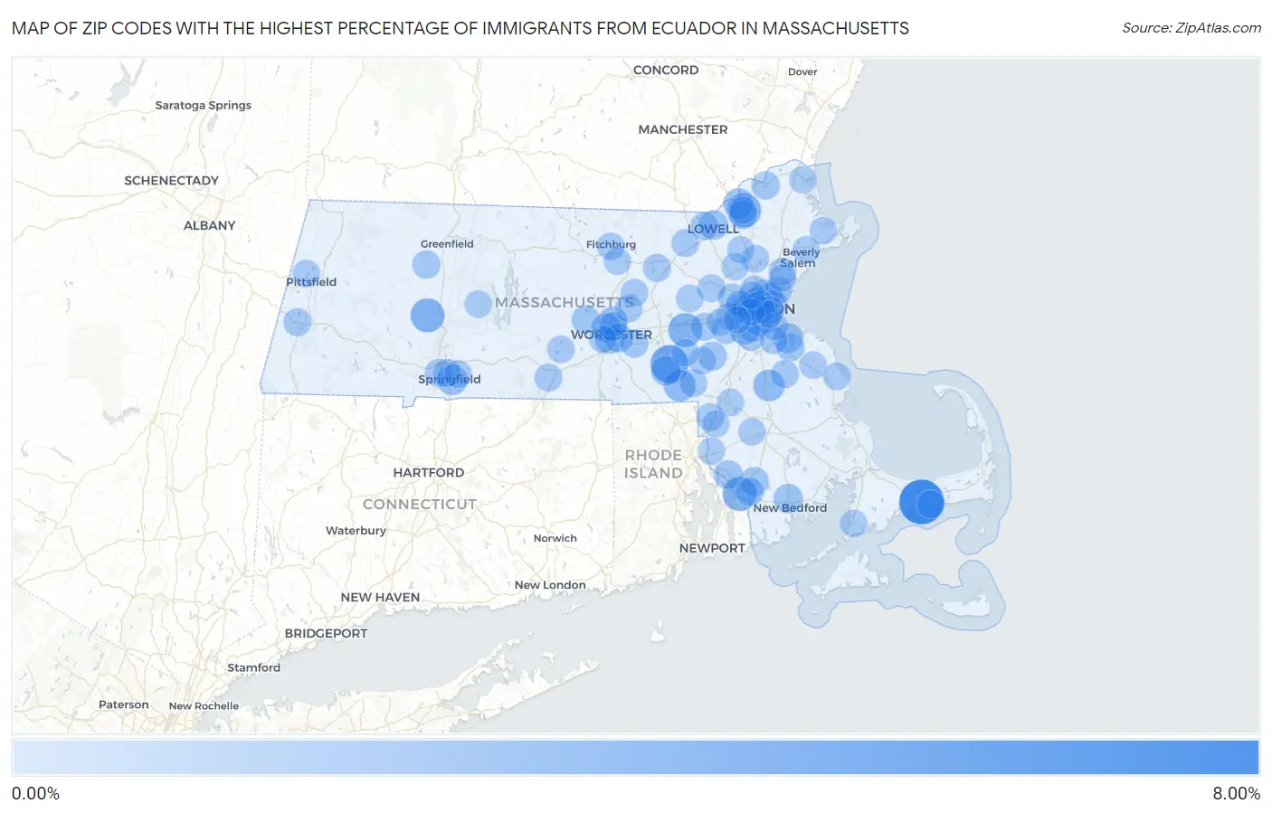 Zip Codes with the Highest Percentage of Immigrants from Ecuador in Massachusetts Map