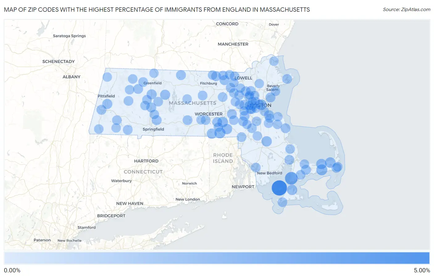 Zip Codes with the Highest Percentage of Immigrants from England in Massachusetts Map