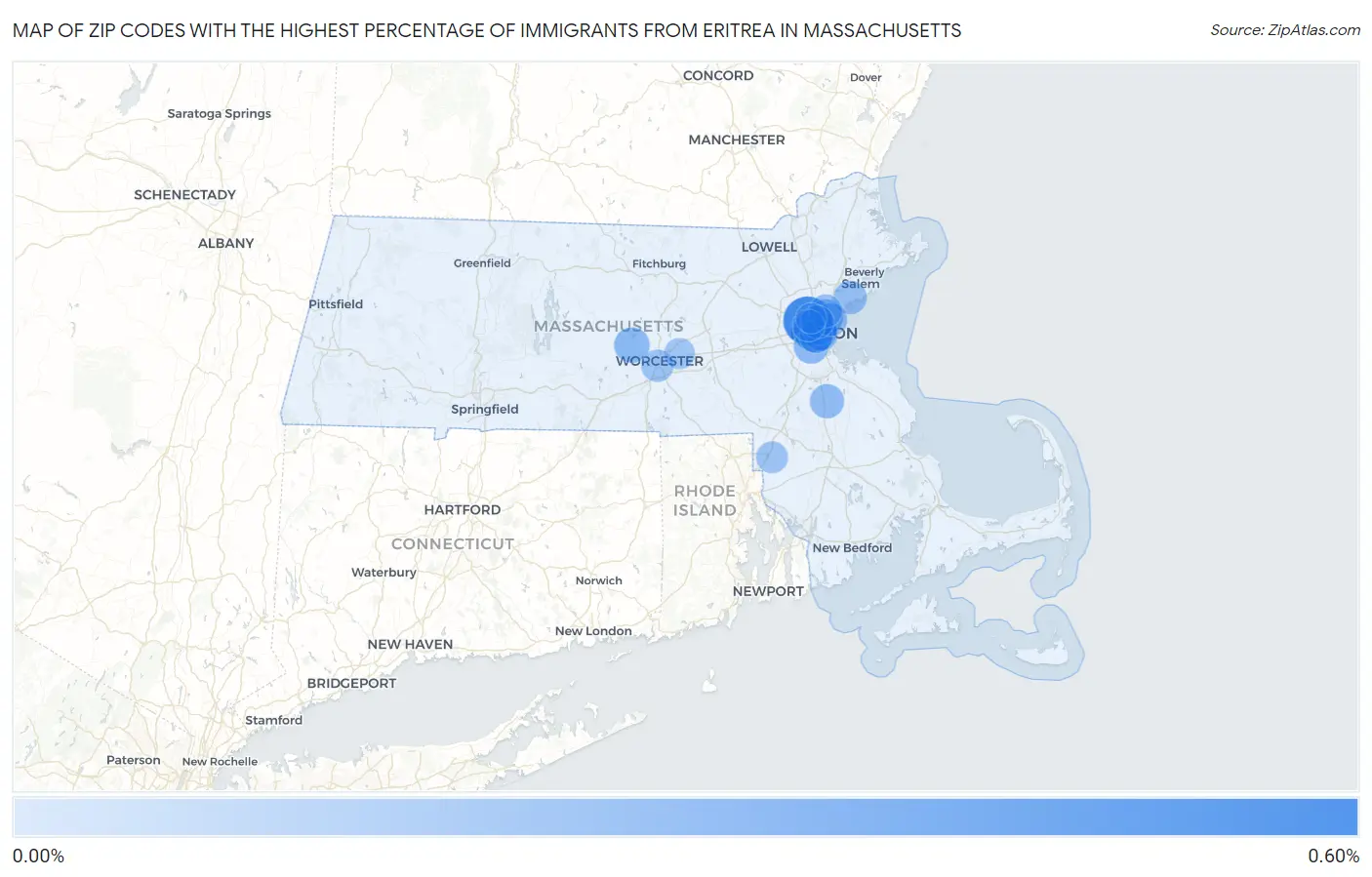 Zip Codes with the Highest Percentage of Immigrants from Eritrea in Massachusetts Map