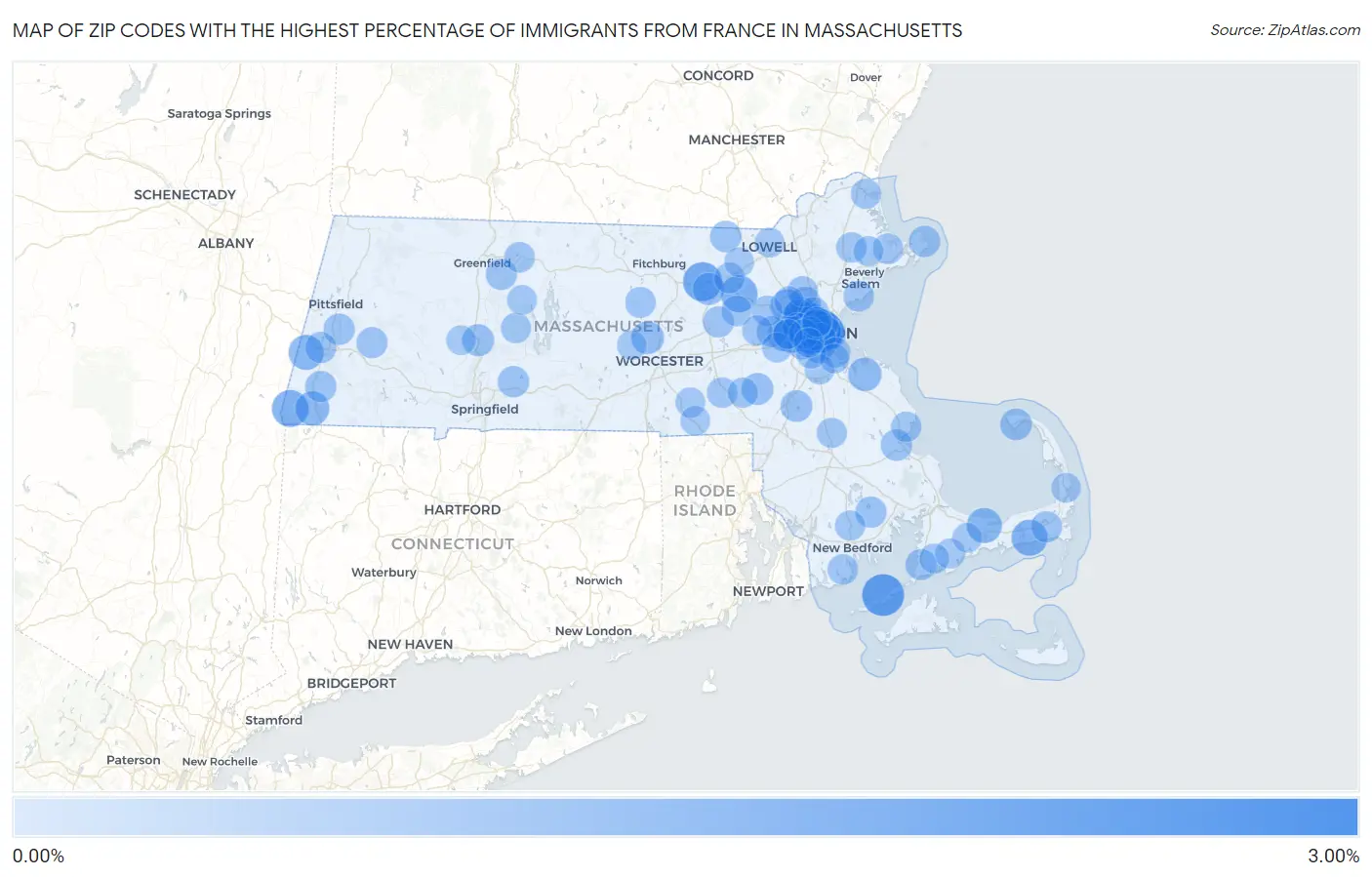Zip Codes with the Highest Percentage of Immigrants from France in Massachusetts Map