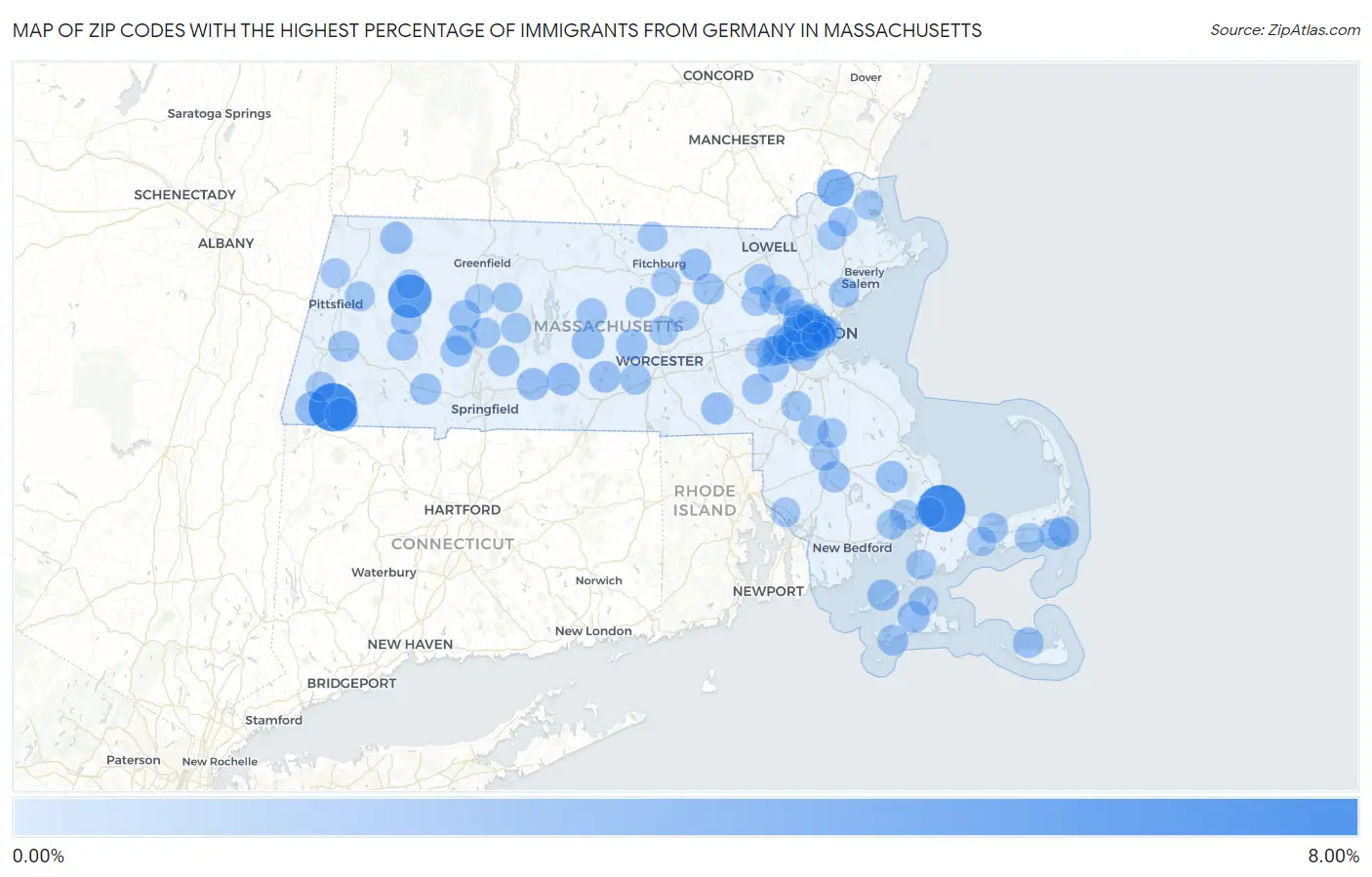 Zip Codes with the Highest Percentage of Immigrants from Germany in Massachusetts Map