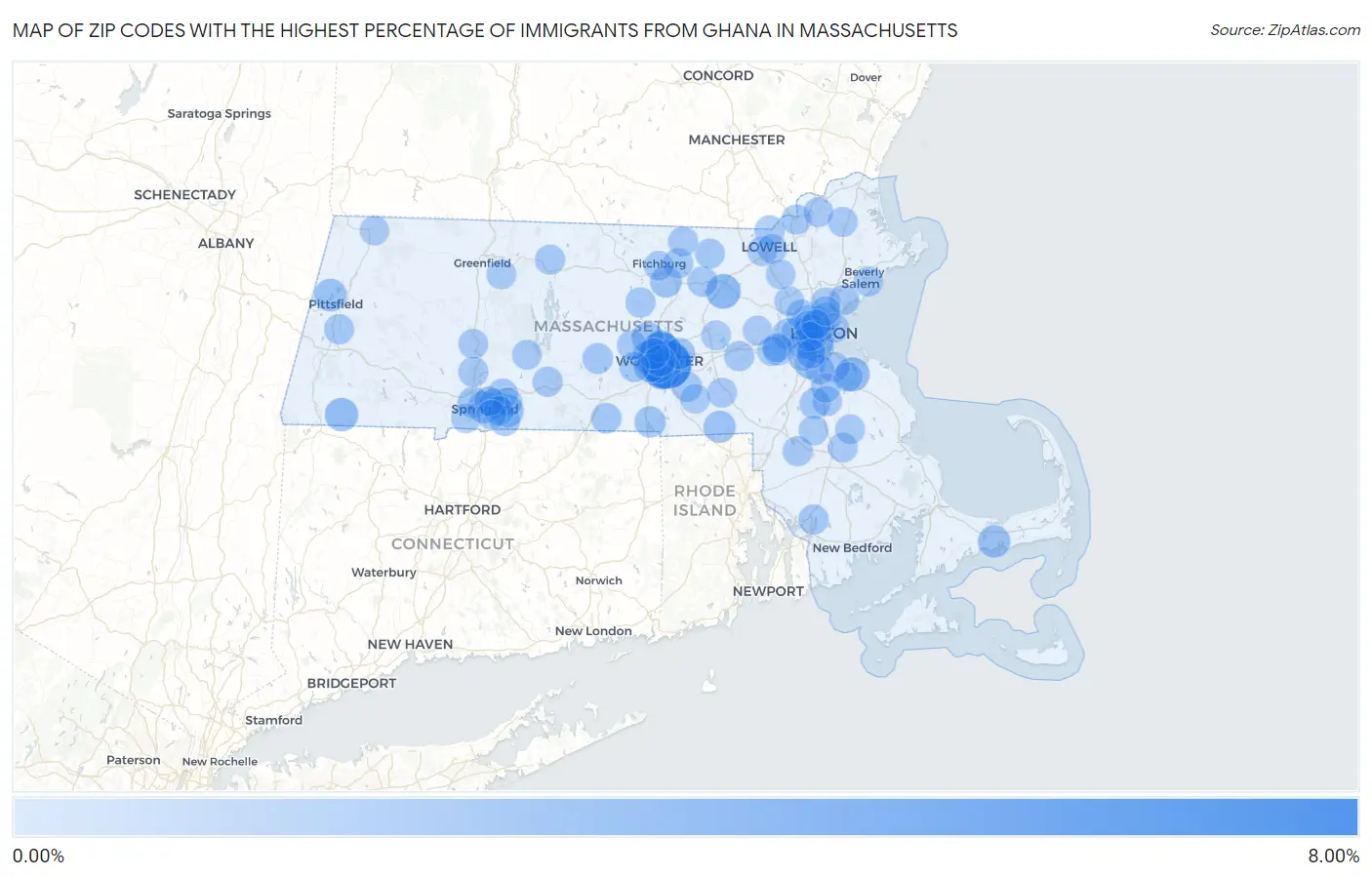 Zip Codes with the Highest Percentage of Immigrants from Ghana in Massachusetts Map