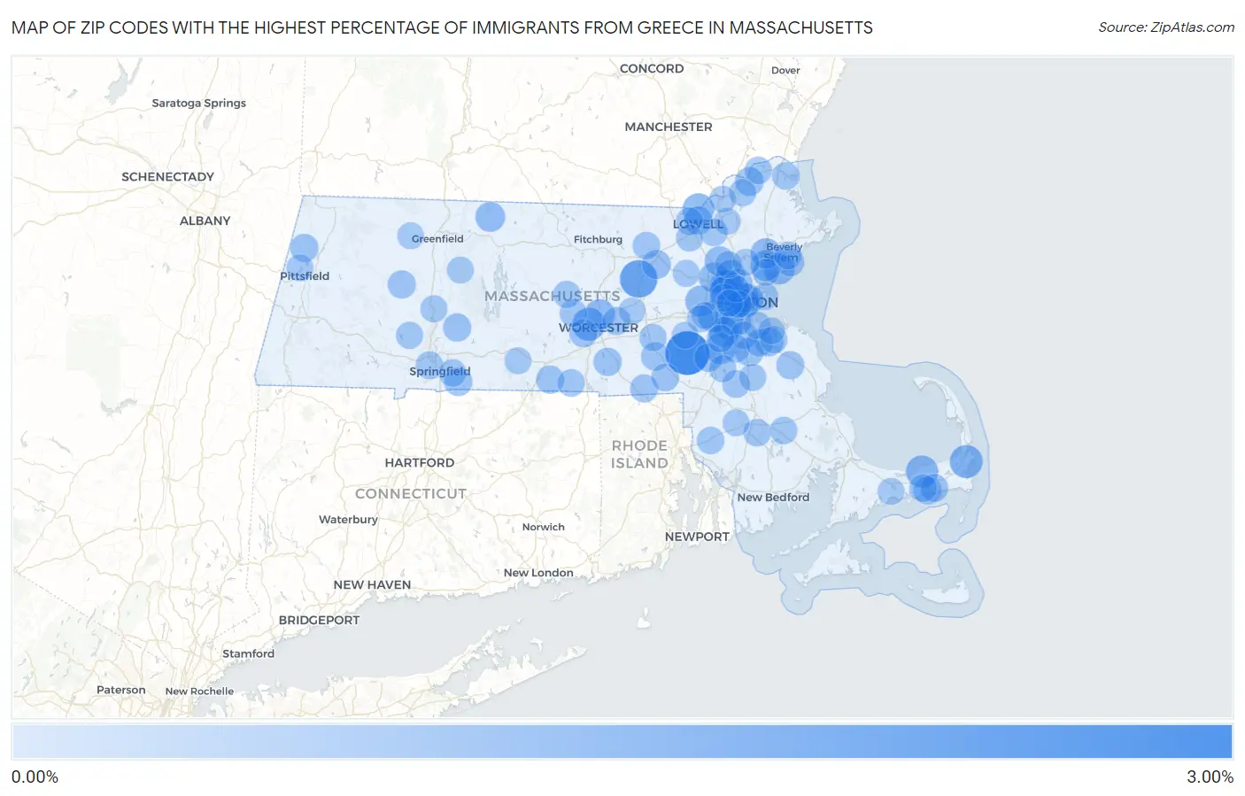 Zip Codes with the Highest Percentage of Immigrants from Greece in Massachusetts Map