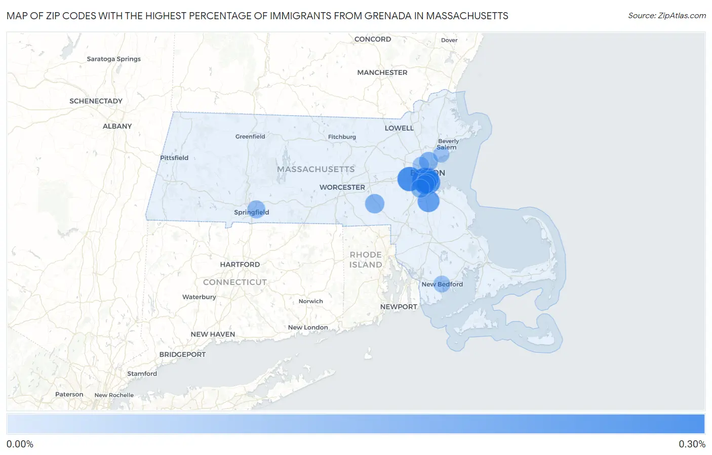 Zip Codes with the Highest Percentage of Immigrants from Grenada in Massachusetts Map