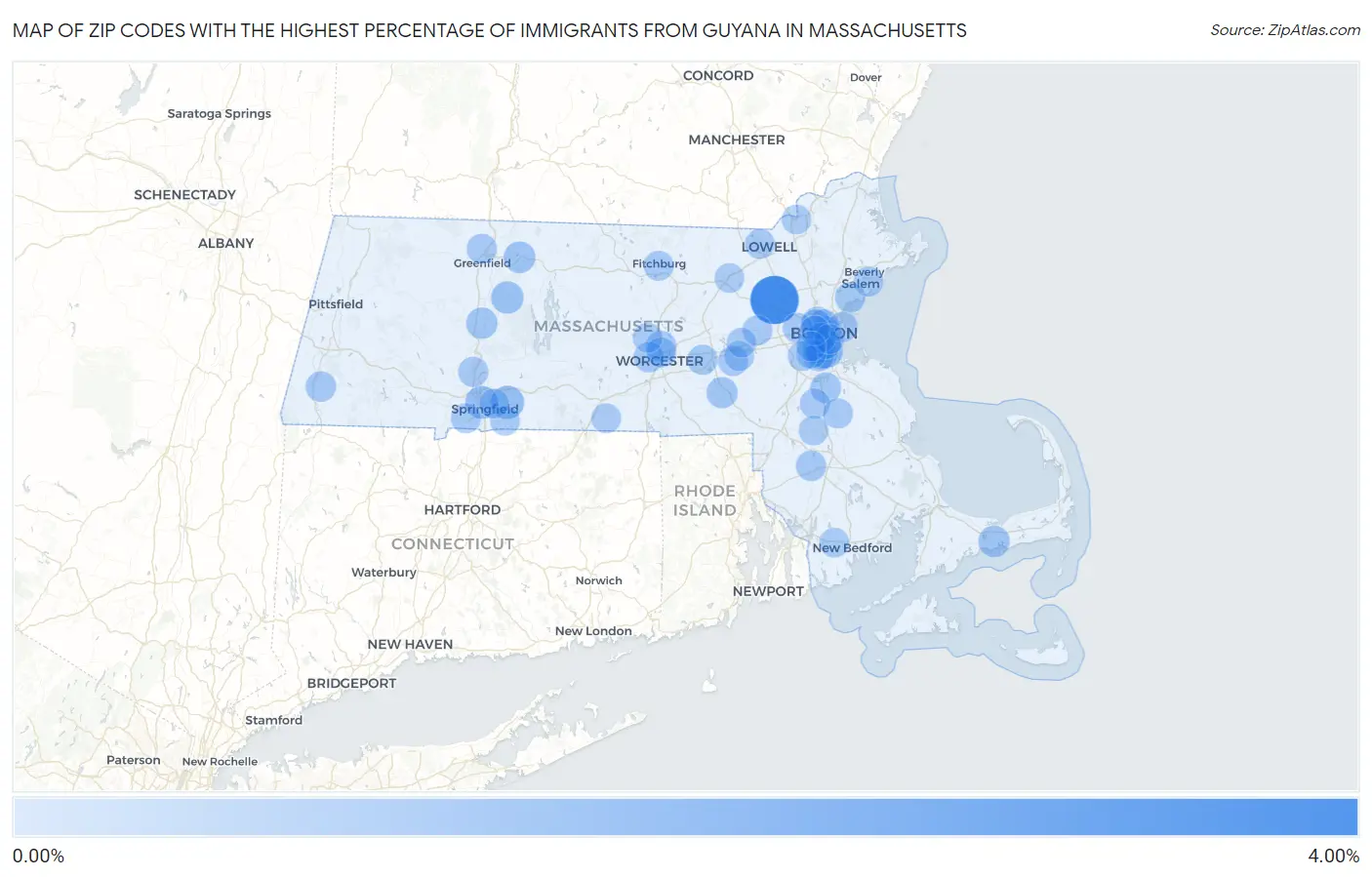Zip Codes with the Highest Percentage of Immigrants from Guyana in Massachusetts Map