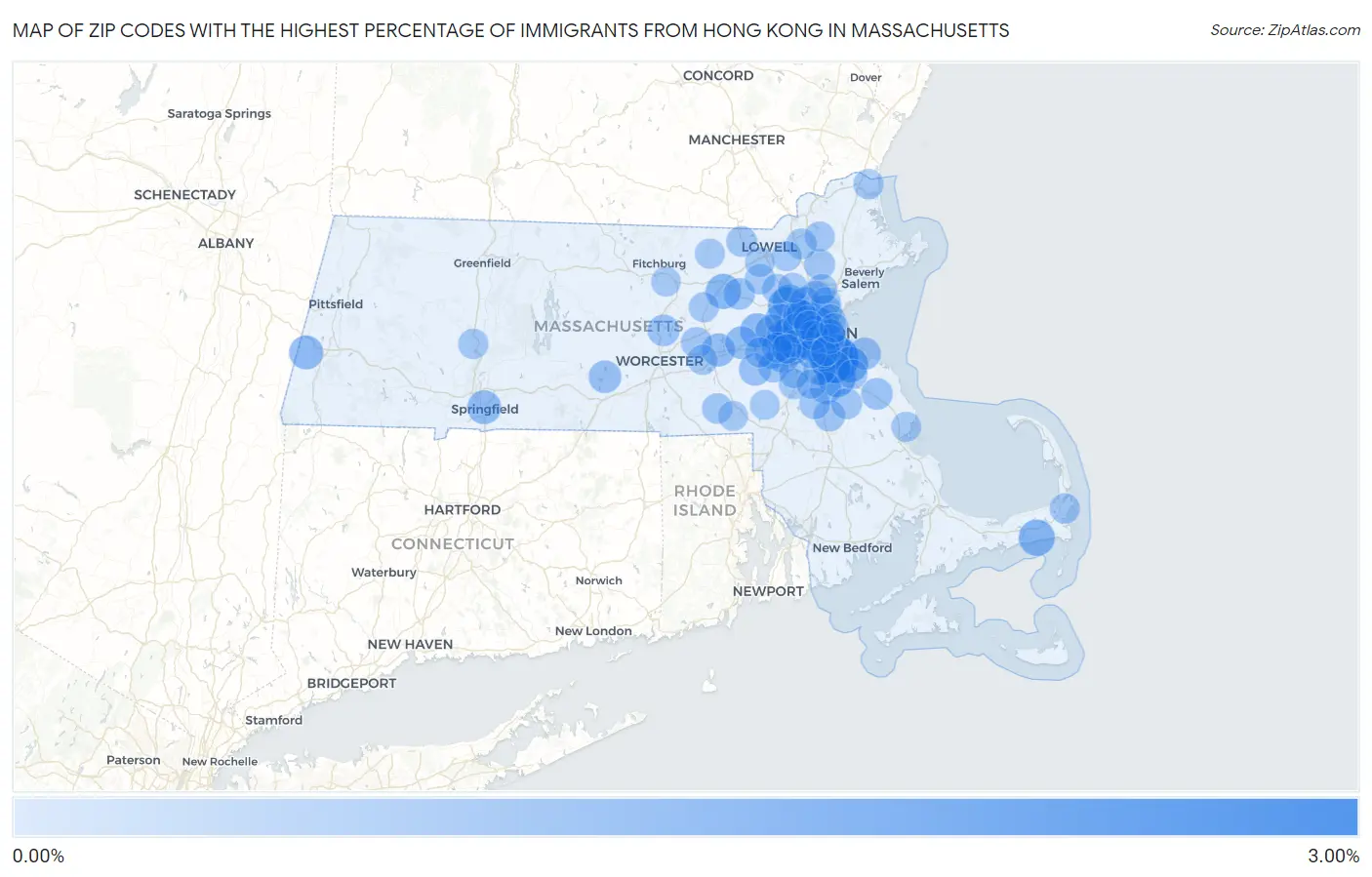 Zip Codes with the Highest Percentage of Immigrants from Hong Kong in Massachusetts Map