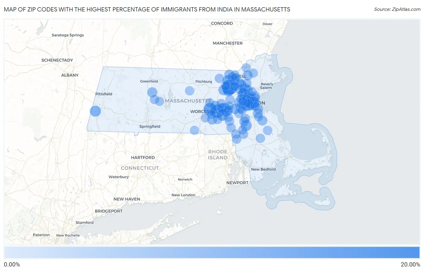 Zip Codes with the Highest Percentage of Immigrants from India in Massachusetts Map