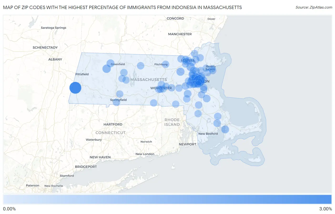 Zip Codes with the Highest Percentage of Immigrants from Indonesia in Massachusetts Map