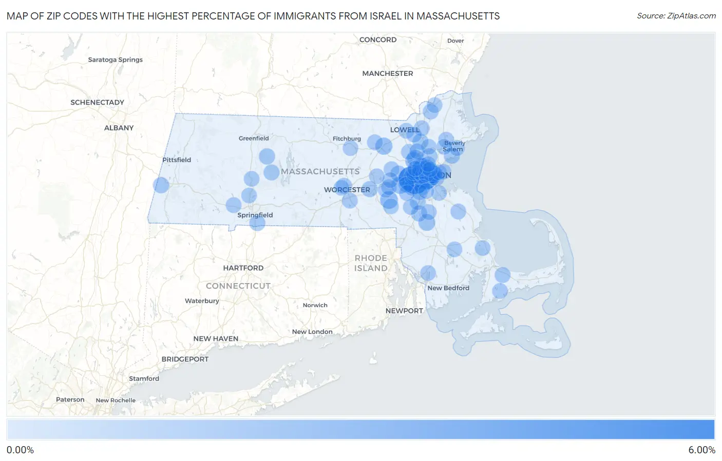Zip Codes with the Highest Percentage of Immigrants from Israel in Massachusetts Map