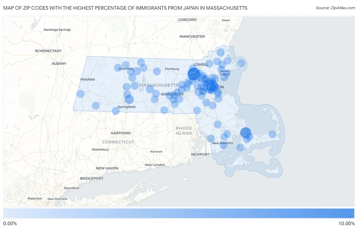 Zip Codes with the Highest Percentage of Immigrants from Japan in Massachusetts Map