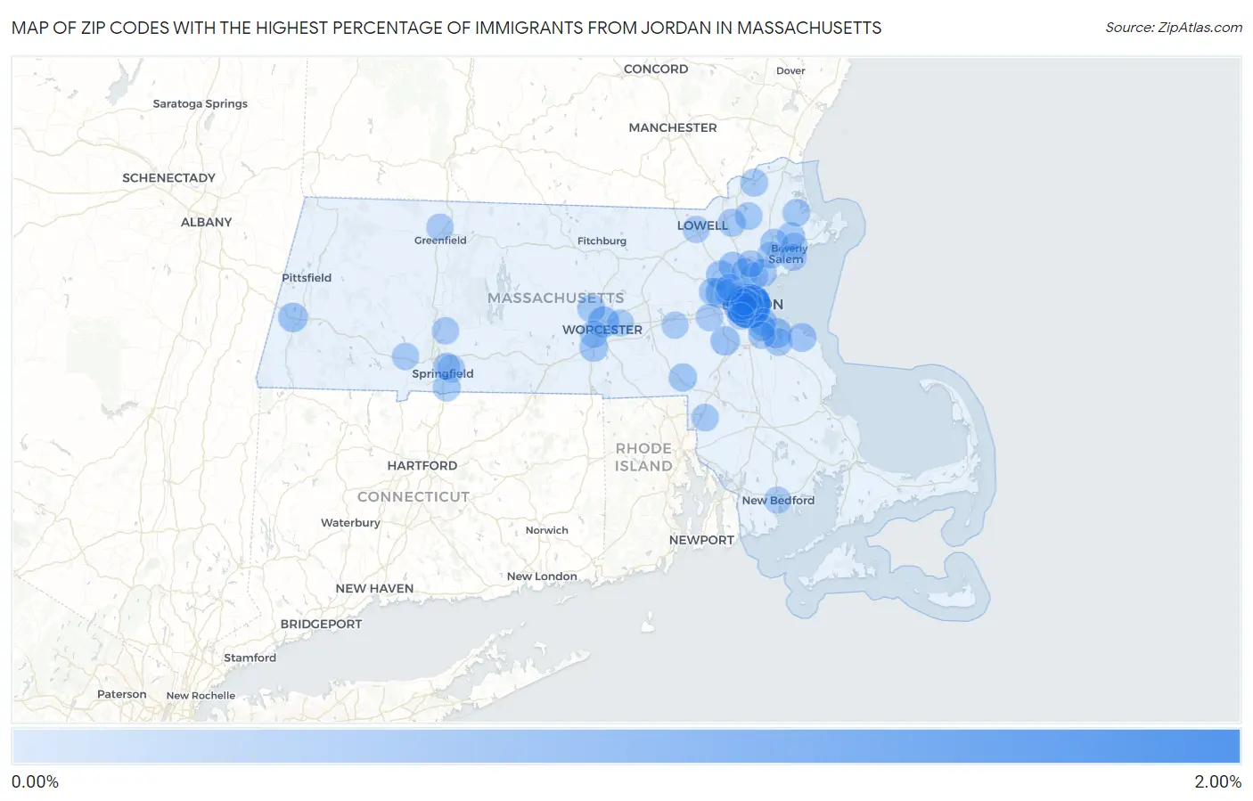 Zip Codes with the Highest Percentage of Immigrants from Jordan in Massachusetts Map