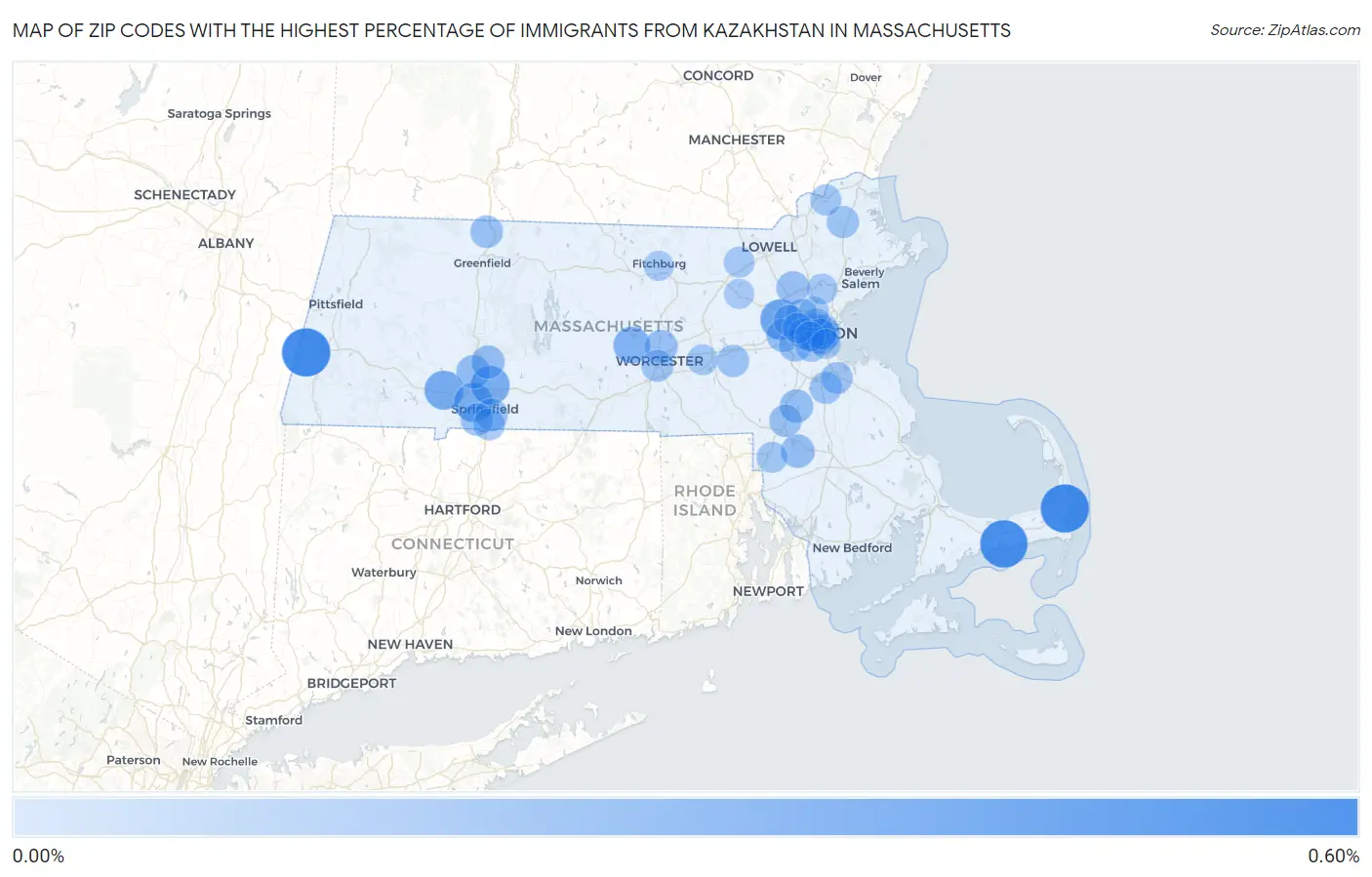 Zip Codes with the Highest Percentage of Immigrants from Kazakhstan in Massachusetts Map
