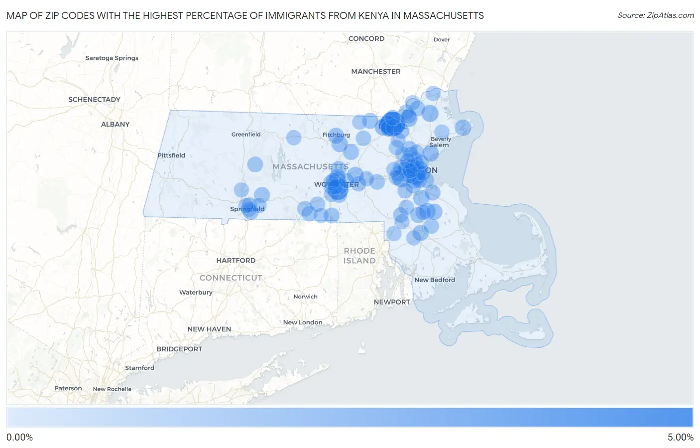 Zip Codes with the Highest Percentage of Immigrants from Kenya in Massachusetts Map
