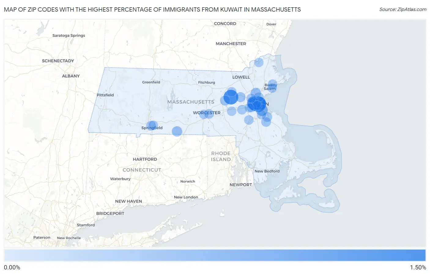 Zip Codes with the Highest Percentage of Immigrants from Kuwait in Massachusetts Map